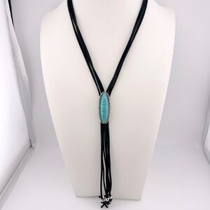 Black Leather and Faux Turquoise Women’s Bolo Tie With Silver Bead Accents.